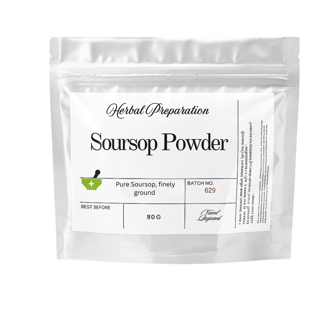 Package of soursop powder with a white background